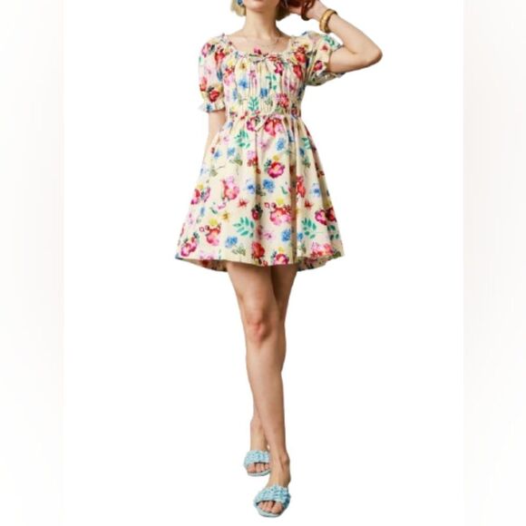 Umgee USA Umgee Floral Print Puff Sleeve Mini Dress sz Small 2-4 - Picture 1 of 7
